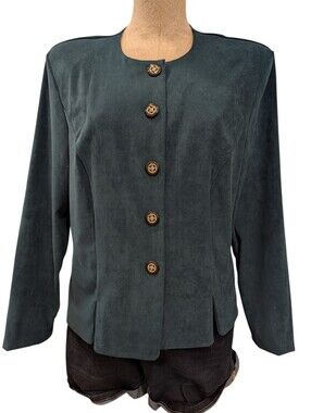 Vintage Kathie Lee Collection Faux Suede Blazer Teal Gold Buttons Women's 14